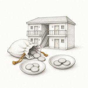 集合住宅の模型の手前で、巾着から出した硬貨を2枚の小皿に分けている線画