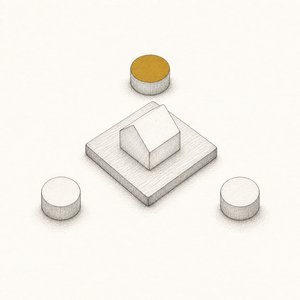 四角い板に載せた家の模型を、3つの丸い駒が取り囲んでいる線画