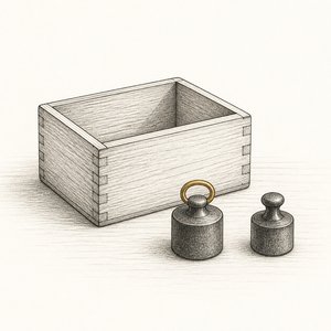 木箱の脇に、箱から出された小さな分銅が2つ置かれている線画