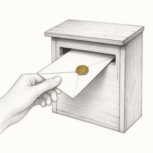 木の郵便受けに無地の封筒を1通差し入れている手元の線画