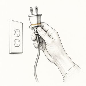 壁のコンセントから電源プラグを抜いている手元の線画