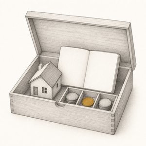 ふたを開けた木箱に家の模型と通帳と硬貨がおさまっている線画