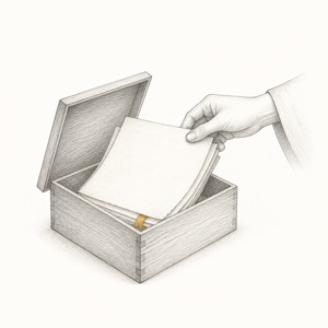 古い木箱から、古びた無地の書類を取り出す手の線画