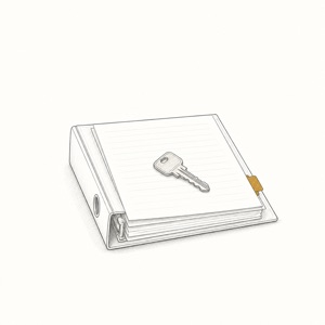 バインダーに綴じた無地の書類の束と、その上に置かれた鍵の線画