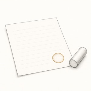 無地の書類に押された印影と、その横に置かれた印鑑の線画