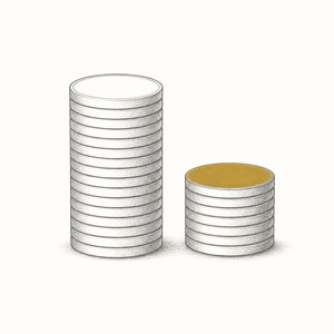 硬貨の山が2つ並び、右の山が半分の高さの線画