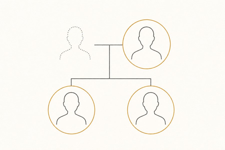 家系図の線画。亡くなった人の隣の配偶者と、下の子ども2人だけが金茶の円で囲まれている