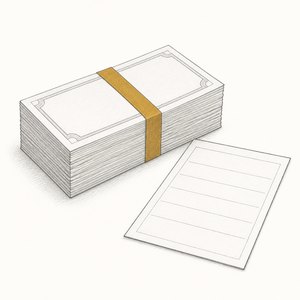 帯で束ねた紙幣の束と、その横の納付書の線画