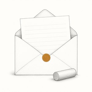 口の開いた封筒から書状が少し出ていて、手前に印鑑がある線画