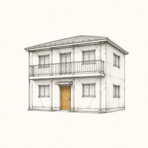 外壁にひびの入った古びたアパートの模型の線画