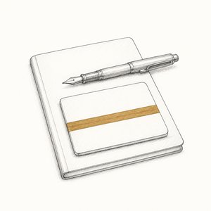 帳簿の上に通帳と万年筆が重なっている線画