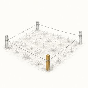 雑草の生えた空き地の四隅に杭が立ち、手前の1本だけが金茶の線画