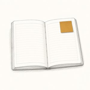 開いた登記簿の右ページに、金茶の付箋が1枚貼られている線画