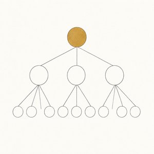 家系図の線画。3段に広がり、いちばん下に小さな丸が並ぶ。上の丸1つだけが金茶