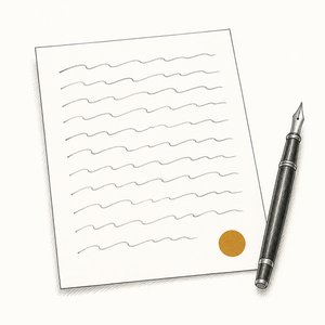 手書きの波線で埋まった便箋と万年筆の線画