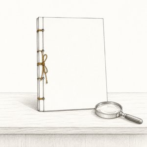 受付カウンターに置かれた、綴じ紐で綴じた無地の証書と虫めがねの線画