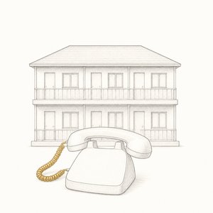 2階建てアパートの模型と、受話器を取り上げた固定電話の線画